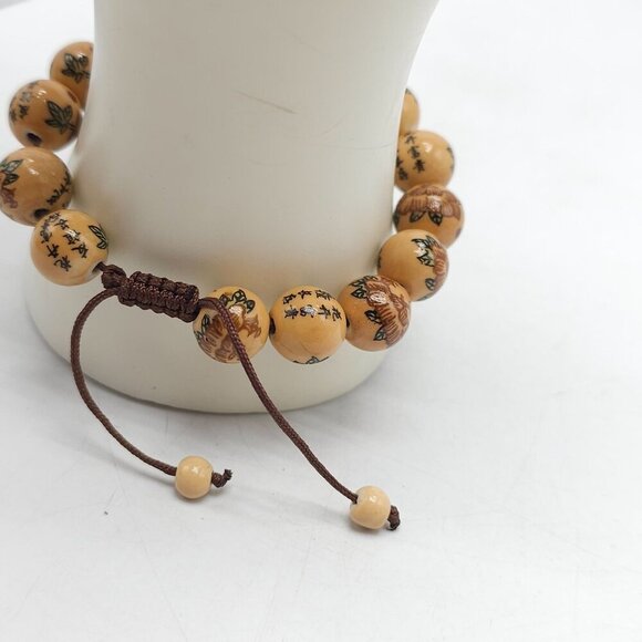 Vintage Wooden Beaded Bracelet Floral with Chinese Lettering Adjustable Cord - Picture 3 of 5